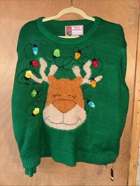 Green Christmas Reindeer Light-Up Sweater